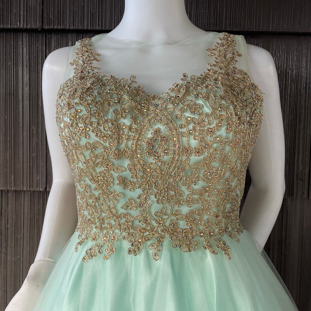 🔥Let’s Aqua Mesh Illusion Neck Gold Lace Appliqué Tulle Party Babydoll Dress - Picture 4 of 16